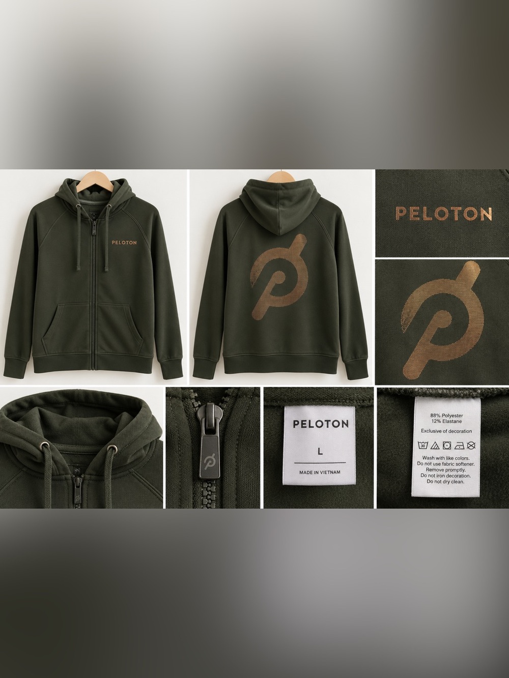 Peloton Olive Green Full Zip Hoodie Bronze Logo Size L